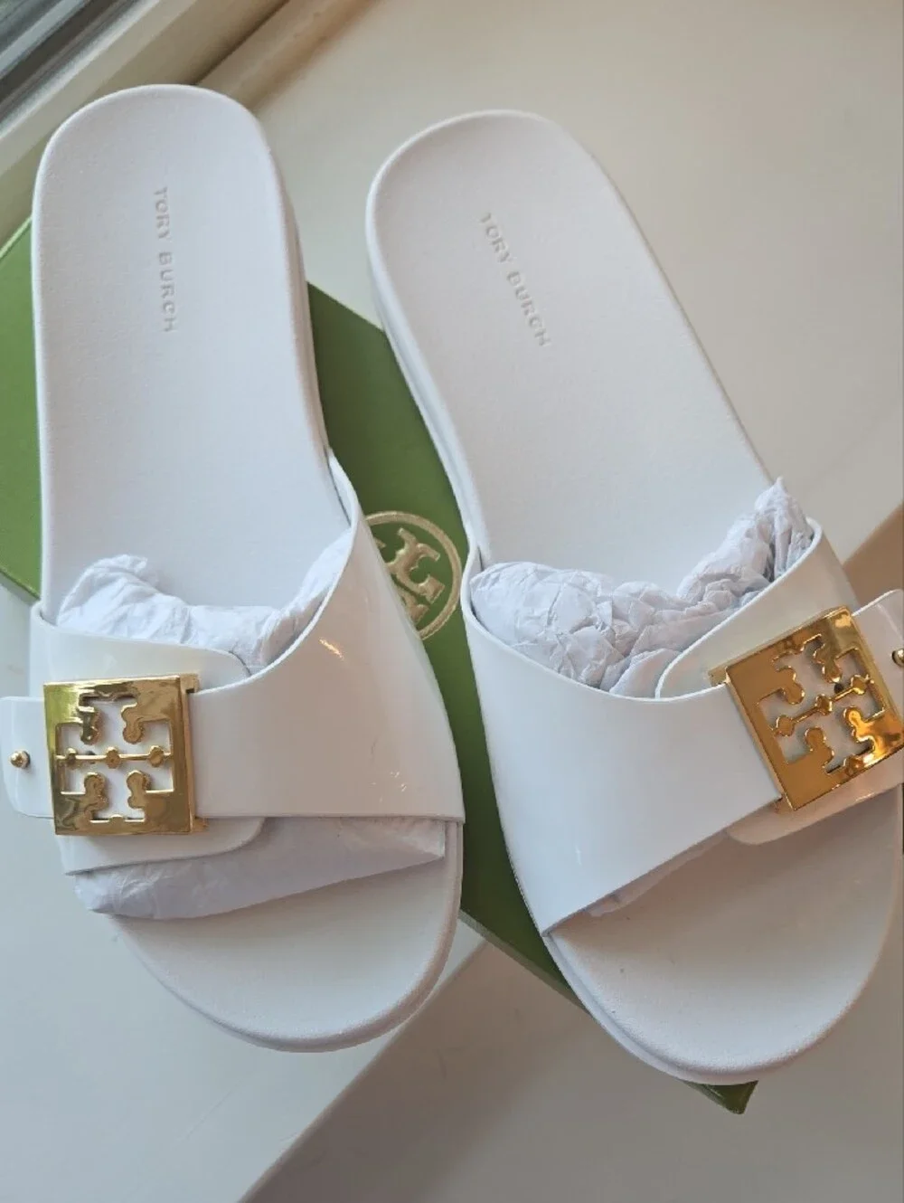 Tory Burch White Slide Sandals with Gold Logo Accent